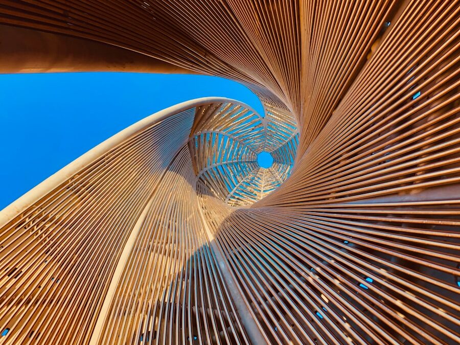 blue and white spiral stairs