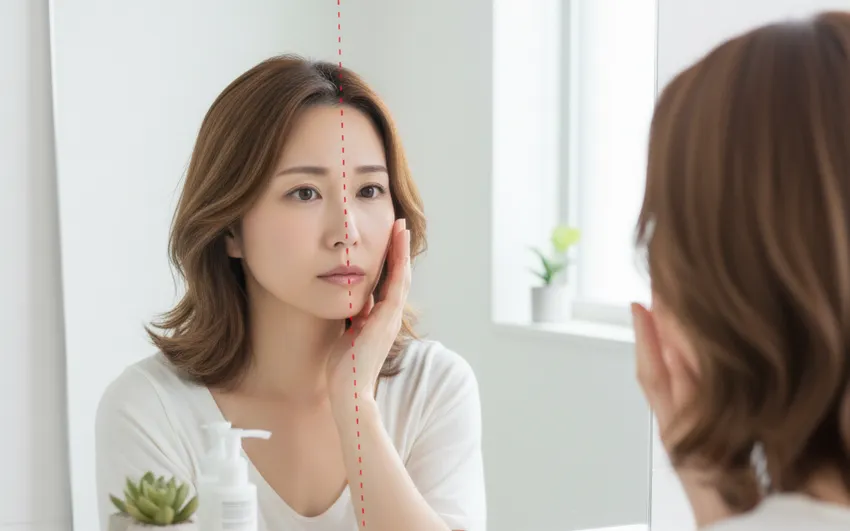 顔の左右非対称と歪みに悩む女性。コンプレックスを鏡でチェックしている様子