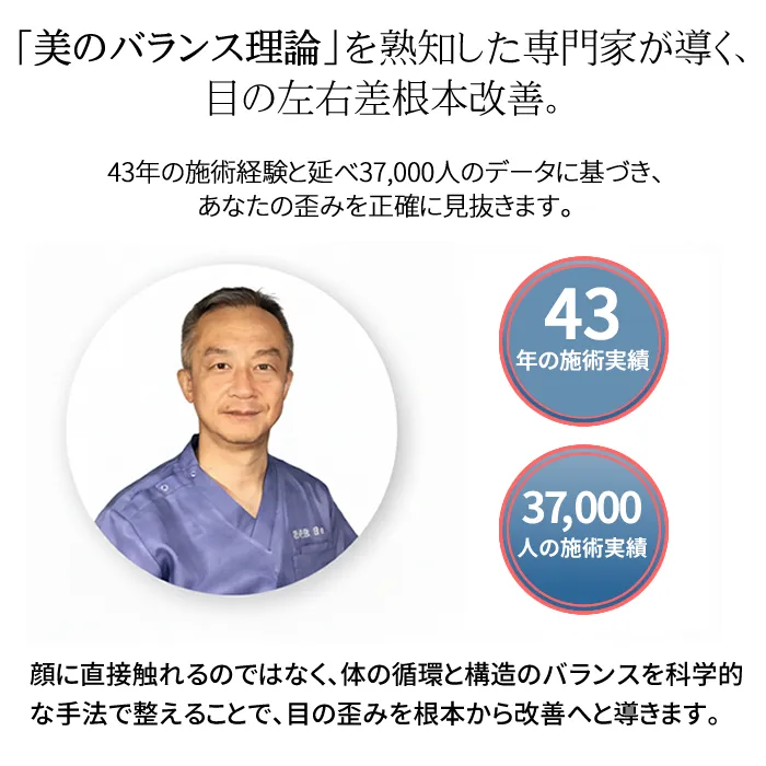 施術歴41年、延べ3万7千人の実績を持つ専門家による顔の歪み・左右差の根本改善専門整体院長