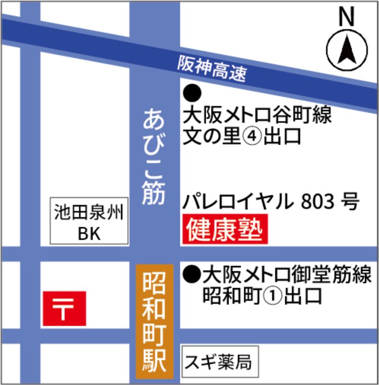 健康塾SBバランス整体院の付近見取り図（大阪メトロ御堂筋線 昭和町駅①出口前・徒歩15秒）