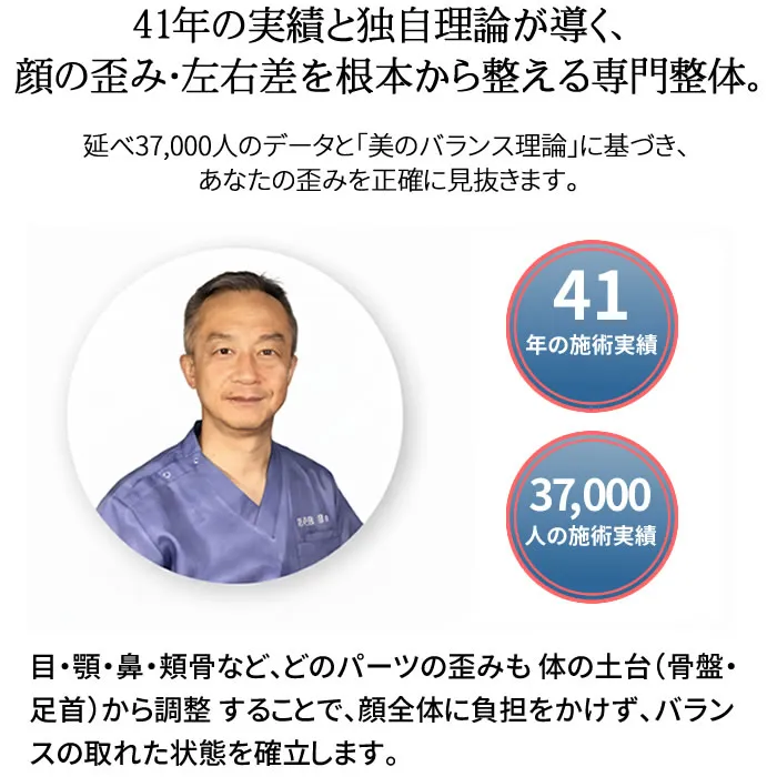 施術歴41年、延べ3万7千人の実績を持つ専門家による顔の歪み・左右差の根本改善専門整体院長