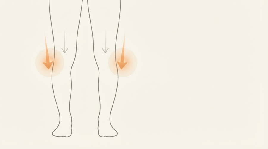 O脚の状態で膝の外側に体重がかかりやすくなる様子を示す図解