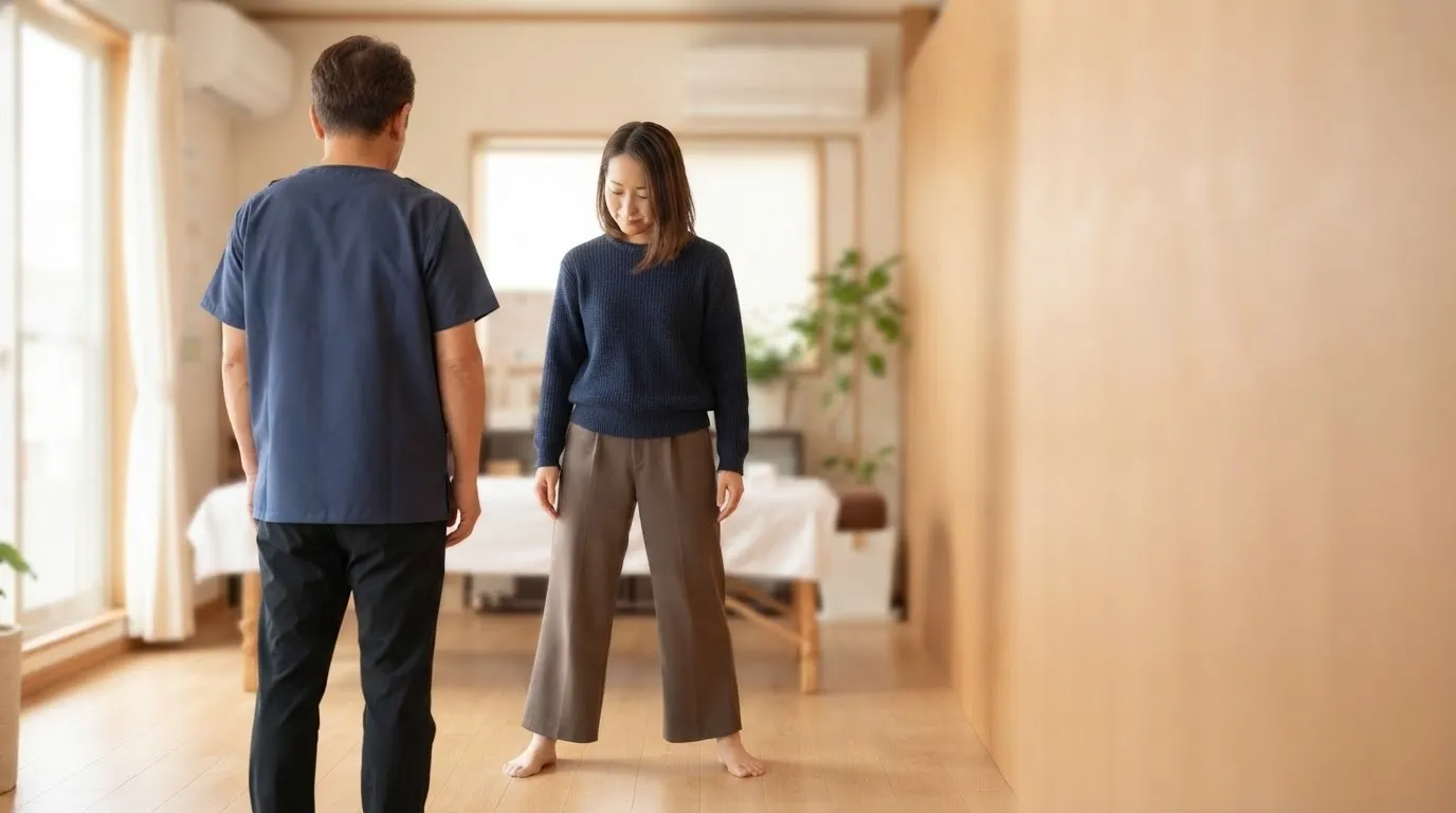 大阪でO脚について整体師に相談する女性