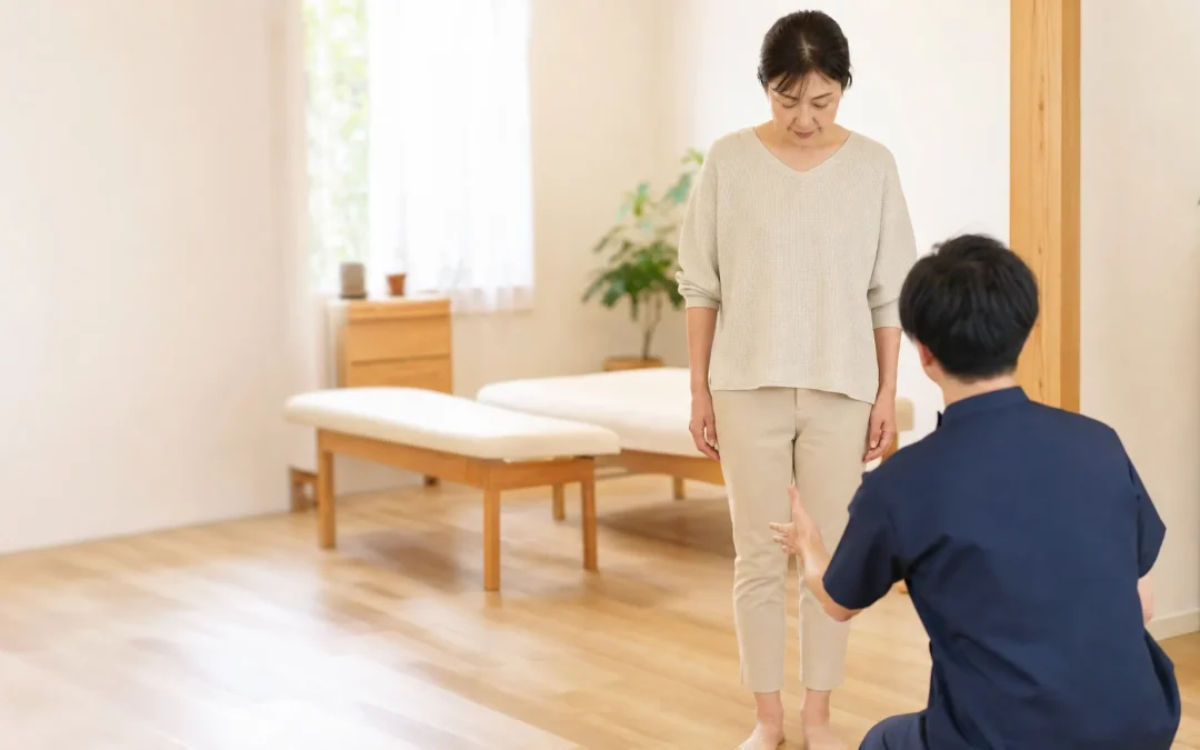 阿倍野区でO脚矯正を受ける女性と整体師