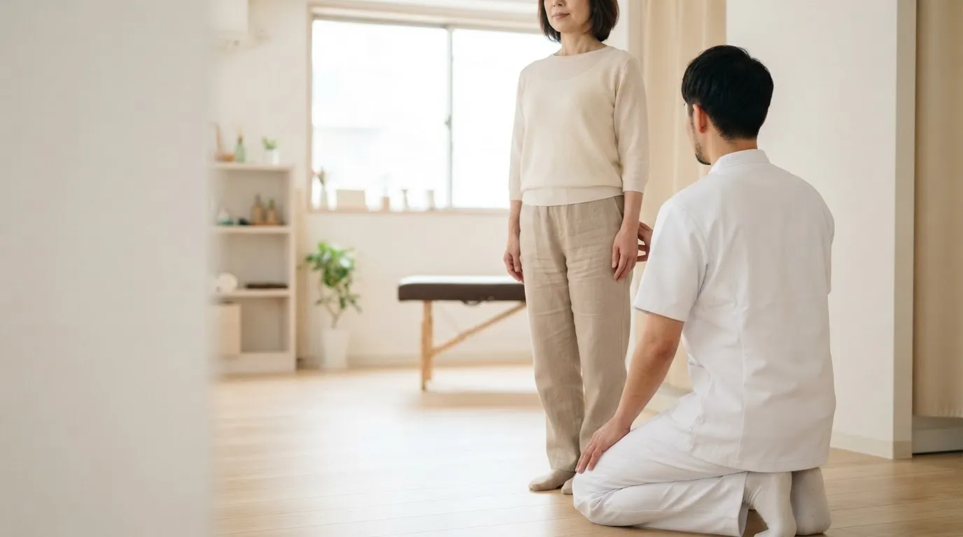 昭和町でO脚矯正について整体師に相談する女性